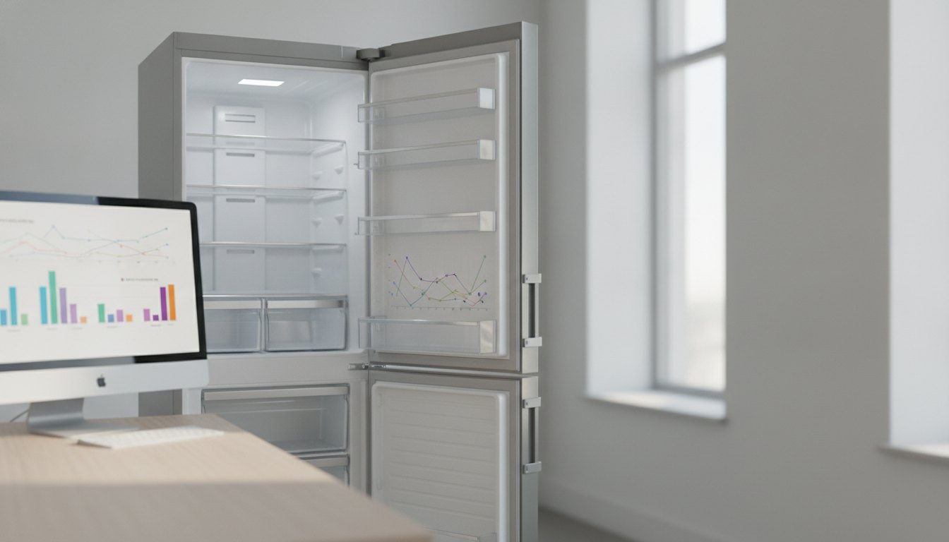 Geladeira de inox aberta ao lado de um computador com gráficos coloridos na tela.