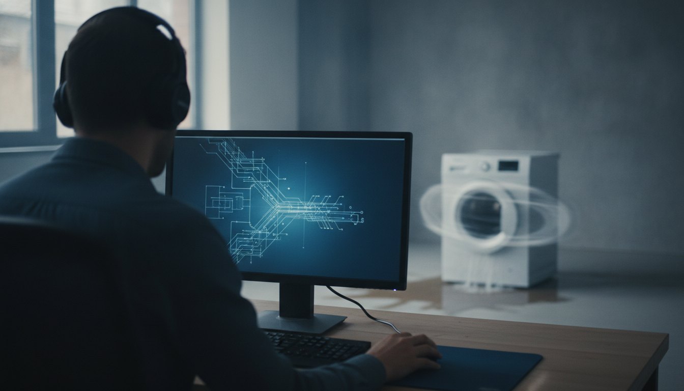 Homem com fone de ouvido focado no monitor enquanto uma máquina de lavar trepida ao fundo.