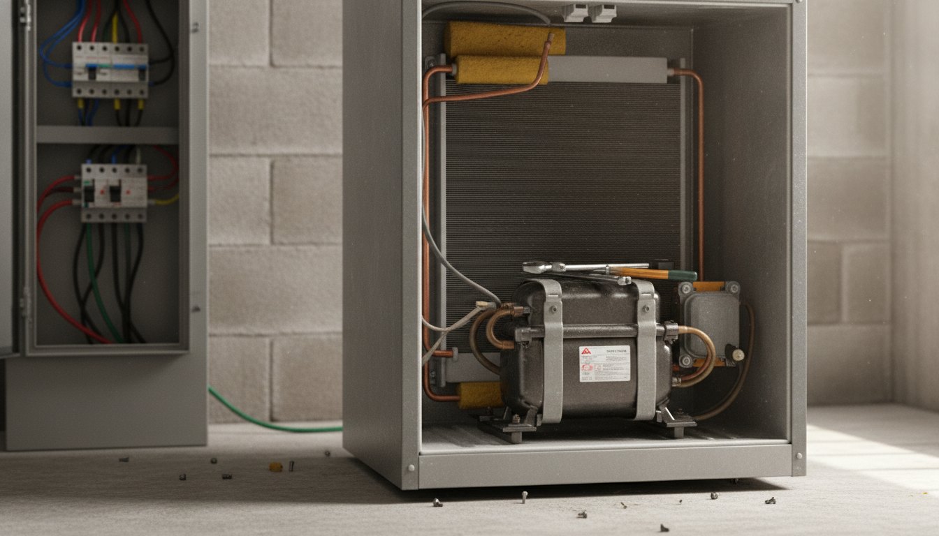 Técnico inspecionando a parte traseira de um refrigerador ao lado de um quadro de energia aberto.