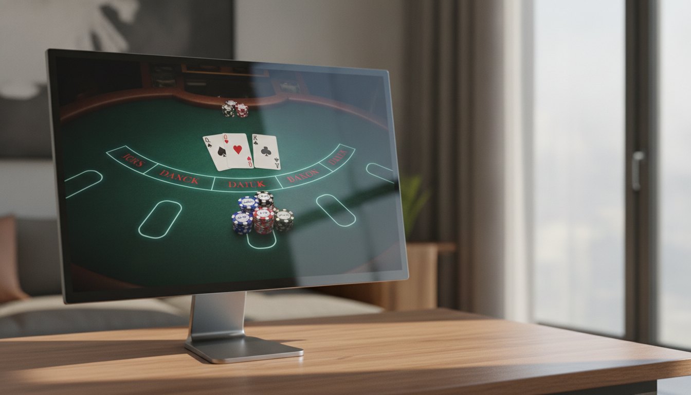 Tela de computador exibindo uma mesa virtual de blackjack com cartas distribuídas e fichas de aposta.