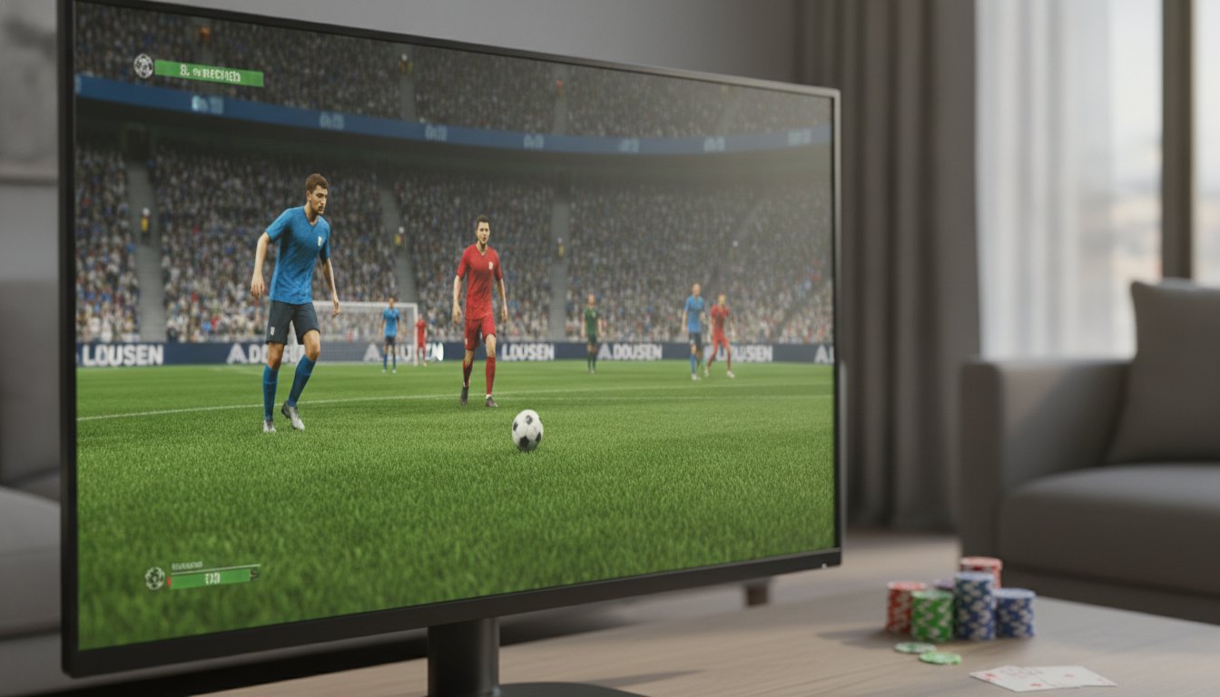 Tela de computador exibindo uma partida de futebol simulada com gráficos avançados de videogame.