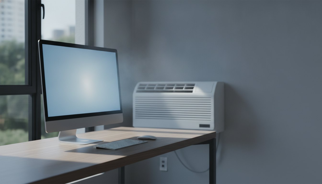 Computador iluminado sobre a mesa ao lado de um ar-condicionado split branco em funcionamento.