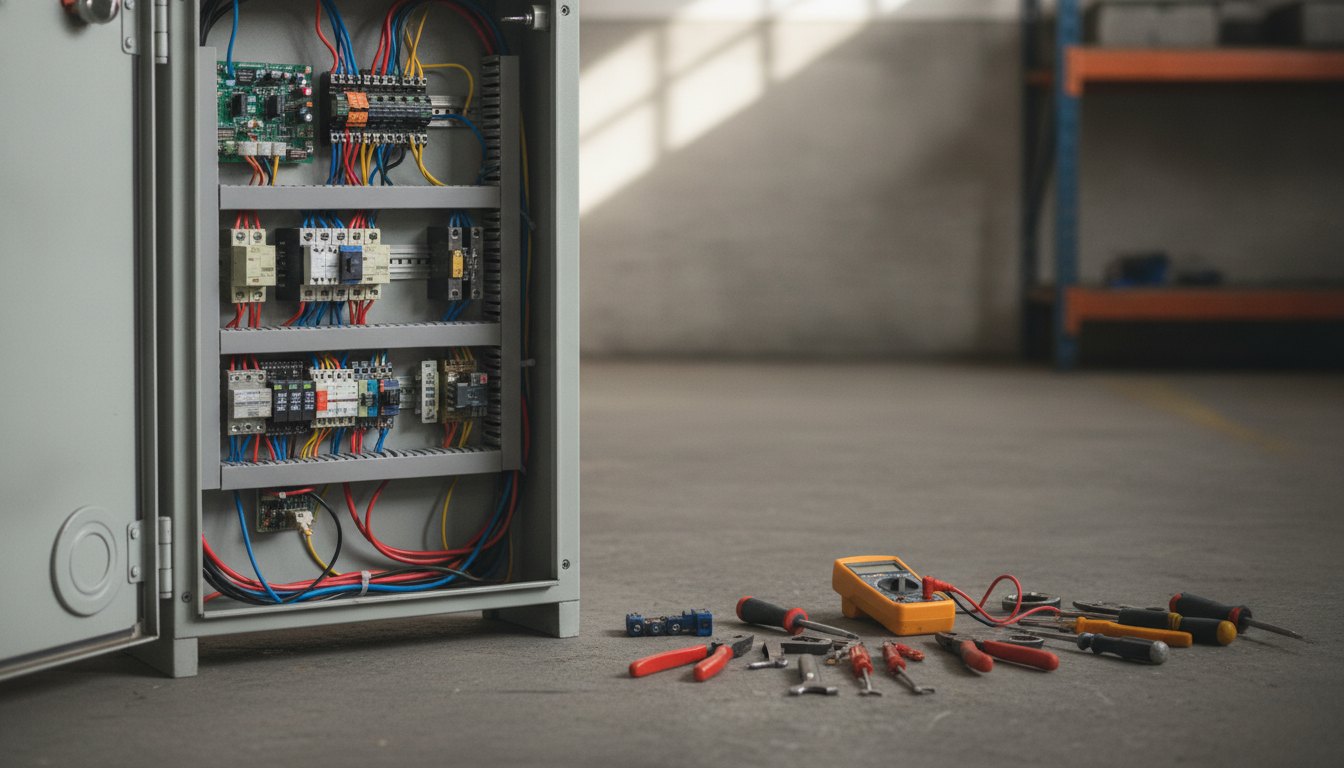 Painel de um compressor de refrigeração aberto com fios expostos e ferramentas de manutenção ao lado.