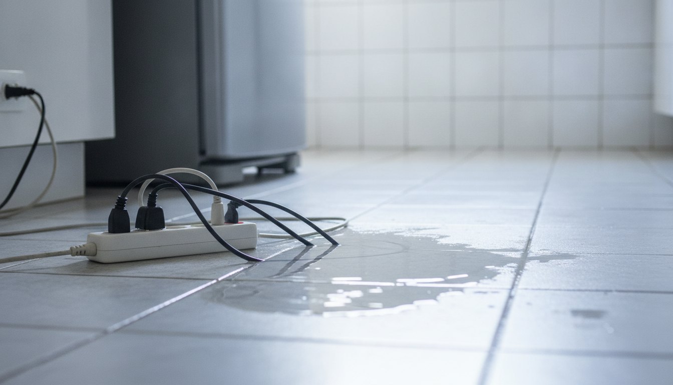Água escorrendo pelo chão da cozinha perto de uma extensão elétrica com vários cabos conectados.